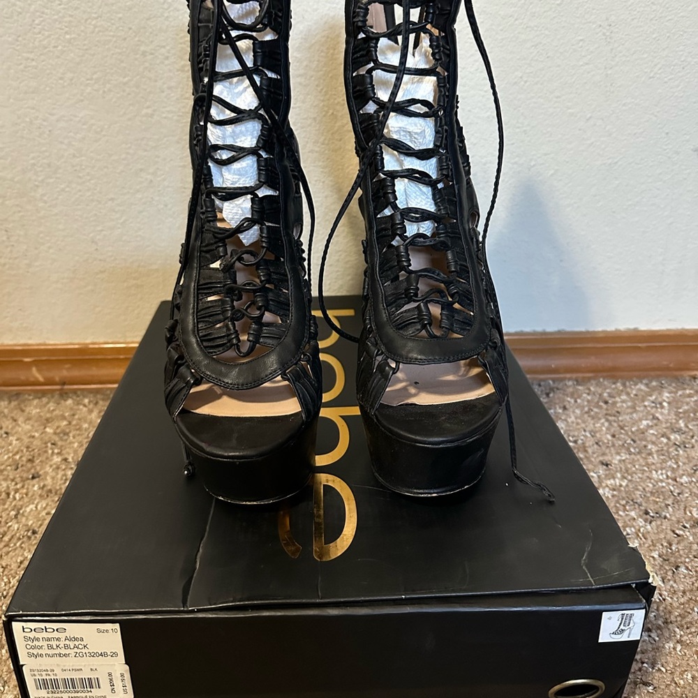Bebe Black Lace-Up Platform Boots